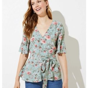 LOFT Mint Blue/ Green Floral Wrap Top with Peplum